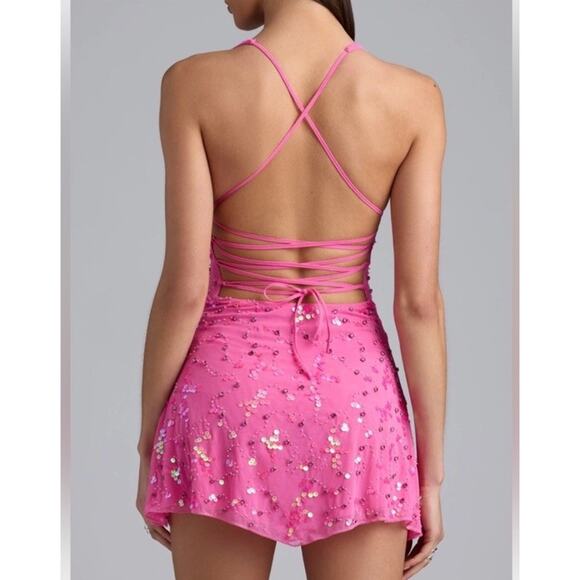 Oh Polly x Bratz Pink Luna Dress Size 4 Sequin Halter Backless Party MiniY2K - Picture 2 of 9